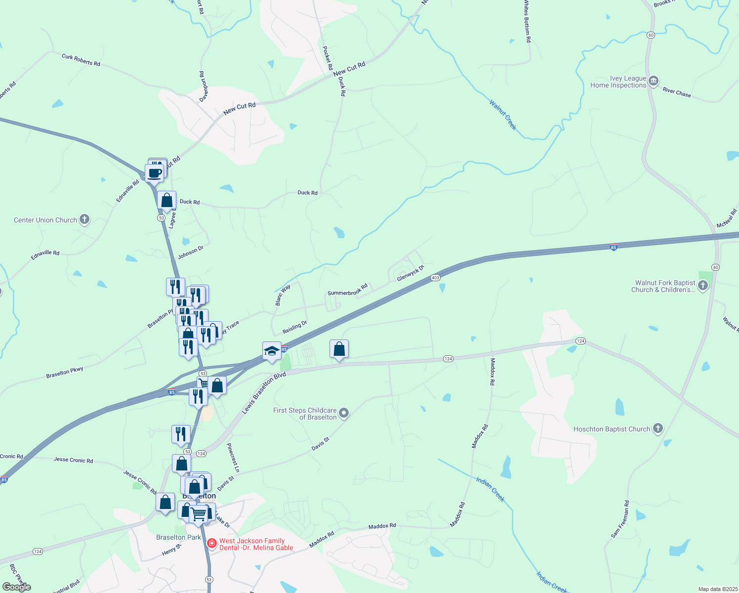 map of restaurants, bars, coffee shops, grocery stores, and more near 498 Walnut Woods Drive in Braselton