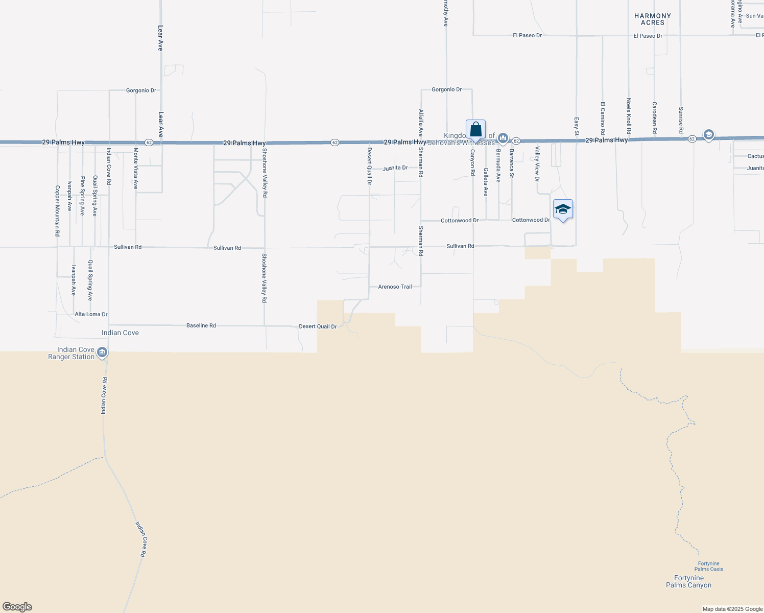 map of restaurants, bars, coffee shops, grocery stores, and more near 7121 Desert Quail Drive in Twentynine Palms