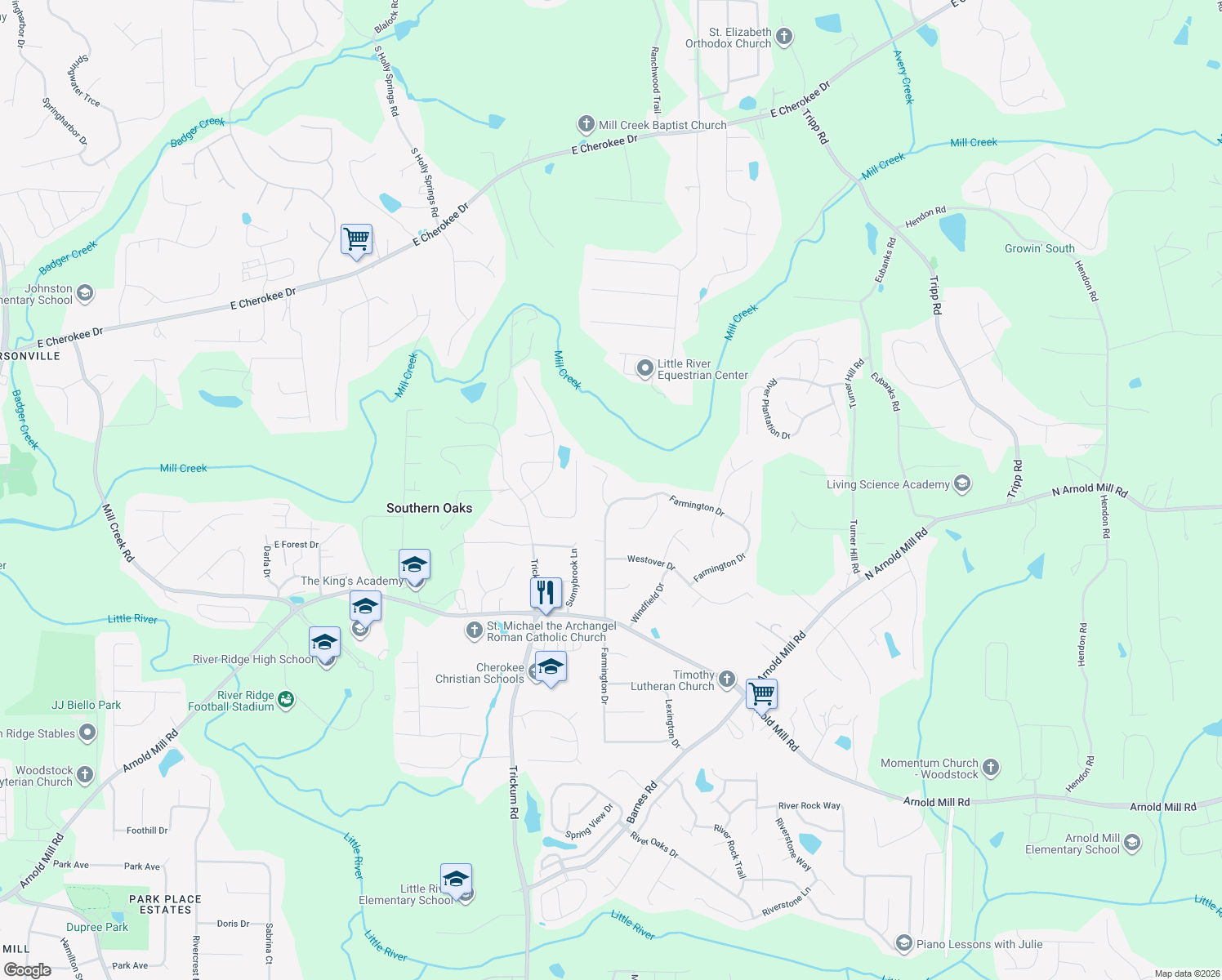 map of restaurants, bars, coffee shops, grocery stores, and more near 804 Hampton Ct in Woodstock