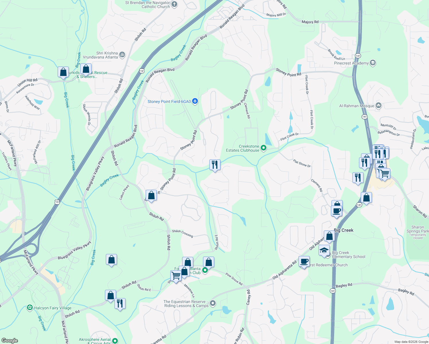 map of restaurants, bars, coffee shops, grocery stores, and more near 6790 Preston Glen Drive in Alpharetta