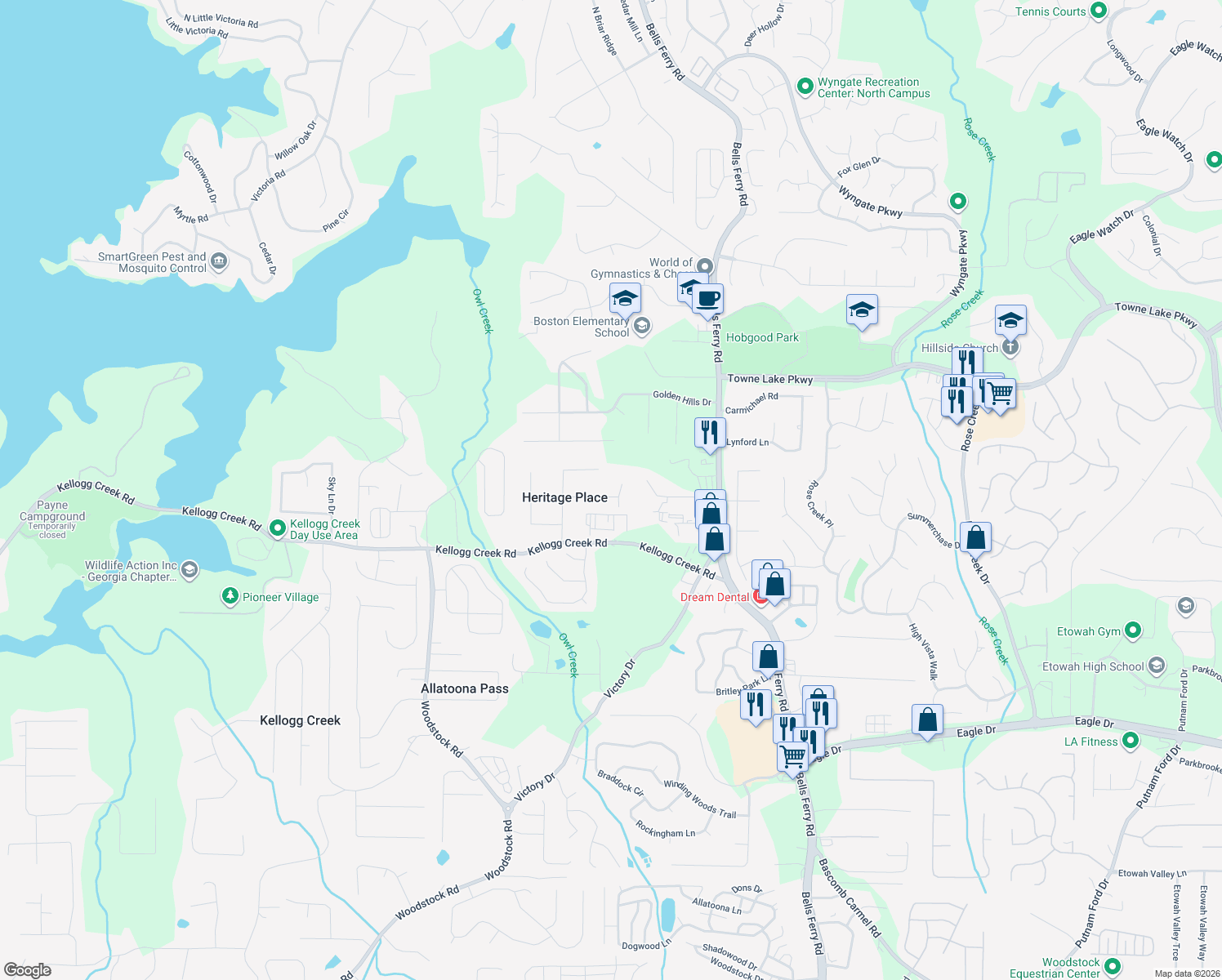 map of restaurants, bars, coffee shops, grocery stores, and more near 1488 Heritage Way in Acworth