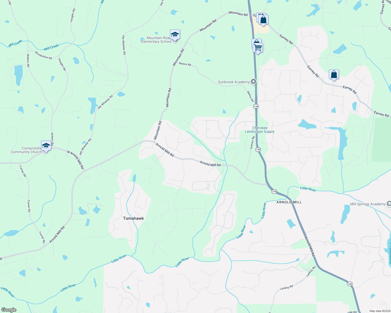 map of restaurants, bars, coffee shops, grocery stores, and more near 214 River Laurel Way in Woodstock