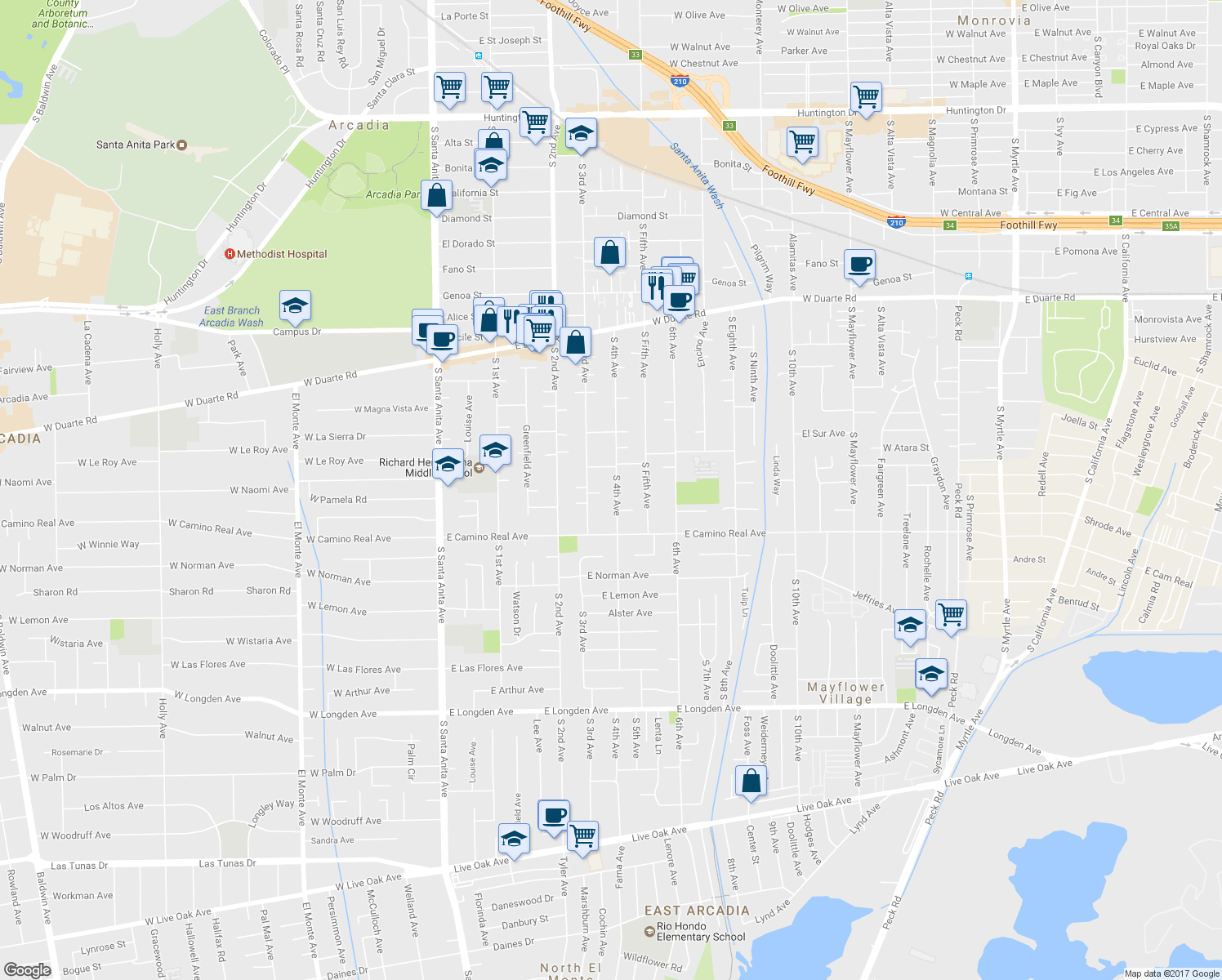 map of restaurants, bars, coffee shops, grocery stores, and more near 1419 South 4th Avenue in Arcadia