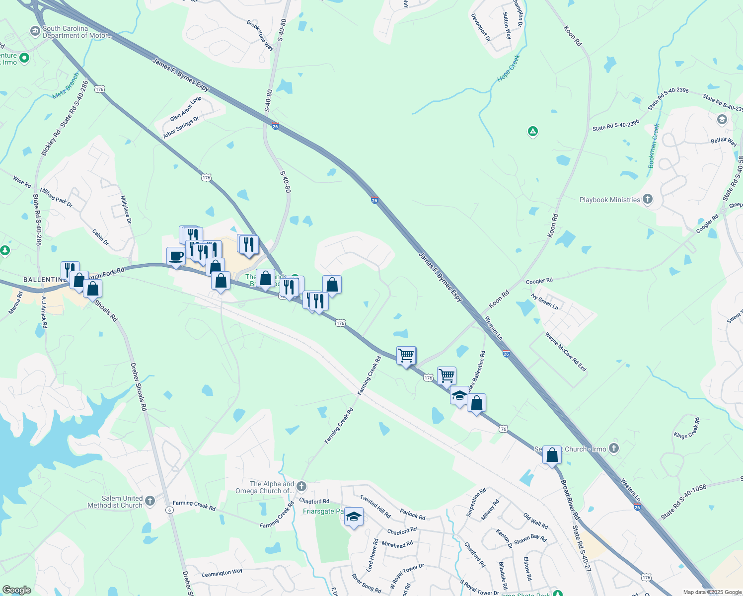 map of restaurants, bars, coffee shops, grocery stores, and more near 33 Nature Creek Trail in Irmo