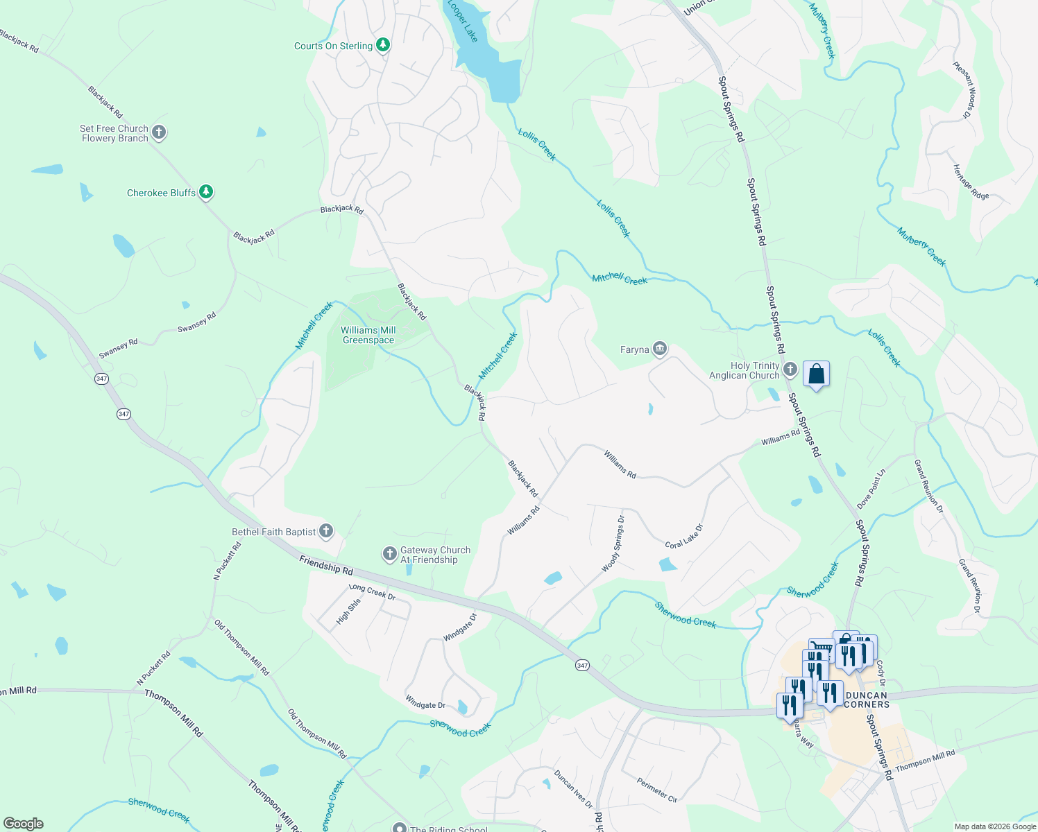 map of restaurants, bars, coffee shops, grocery stores, and more near 6308 Bent Oaks Court in Flowery Branch