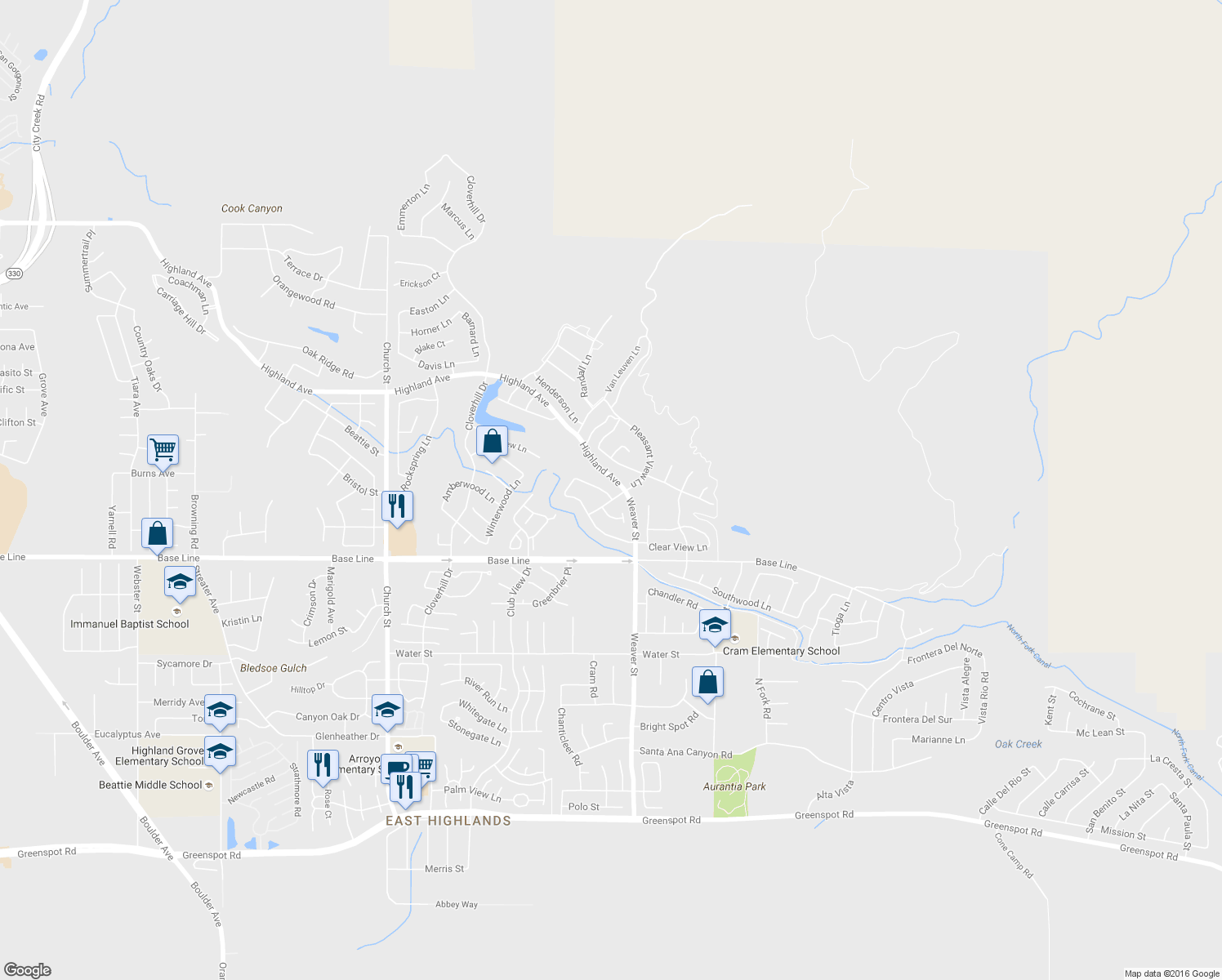 map of restaurants, bars, coffee shops, grocery stores, and more near 29390 Crest View Lane in Highland