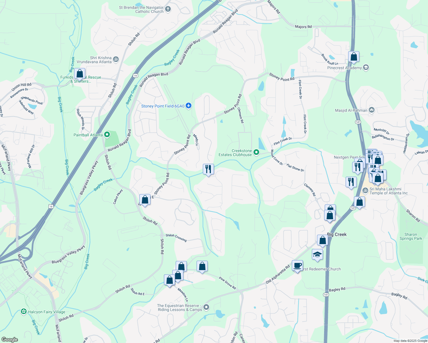 map of restaurants, bars, coffee shops, grocery stores, and more near 2275 Stoney Point Farm Road in Cumming
