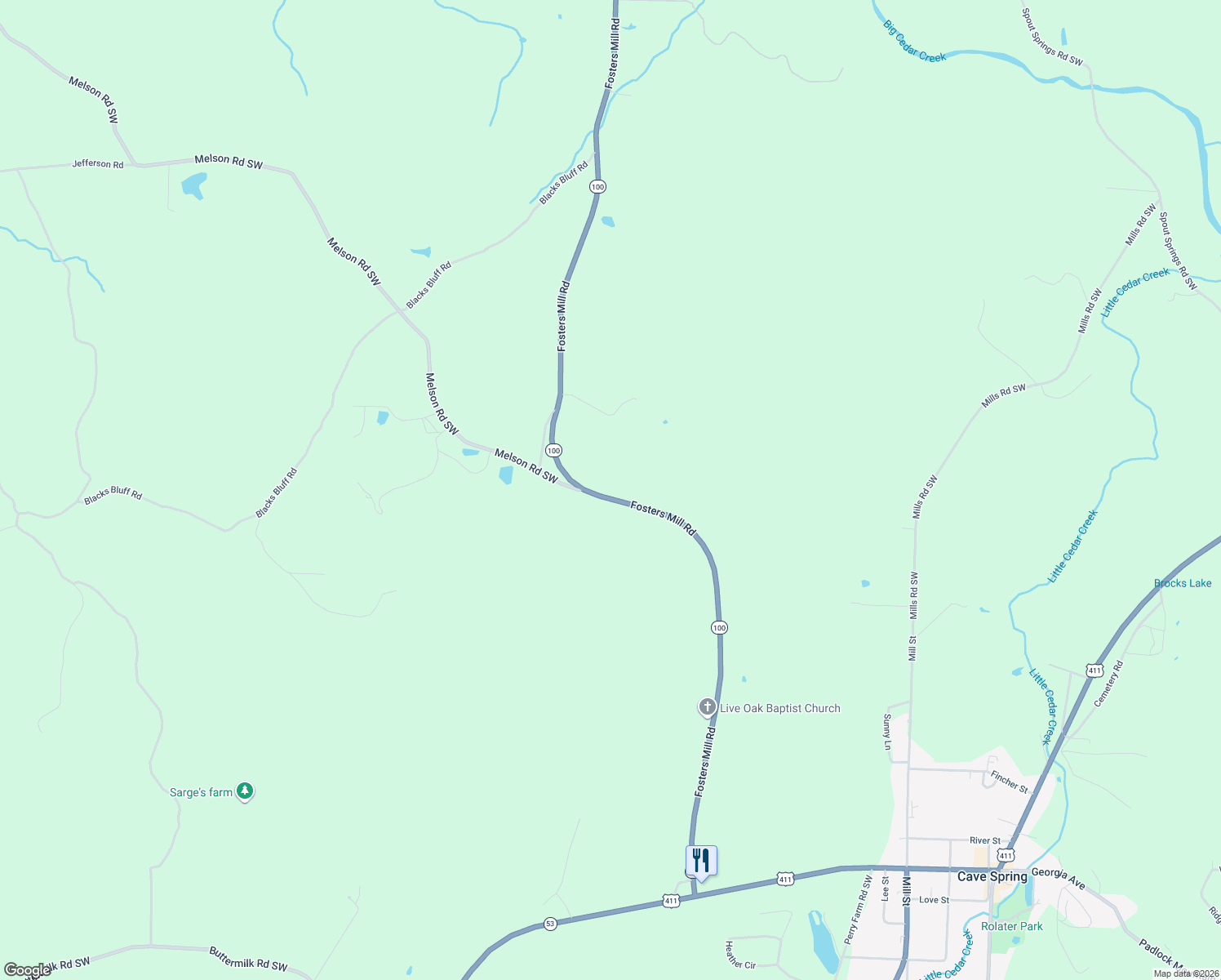 map of restaurants, bars, coffee shops, grocery stores, and more near 5053 Fosters Mill Road in Cave Spring