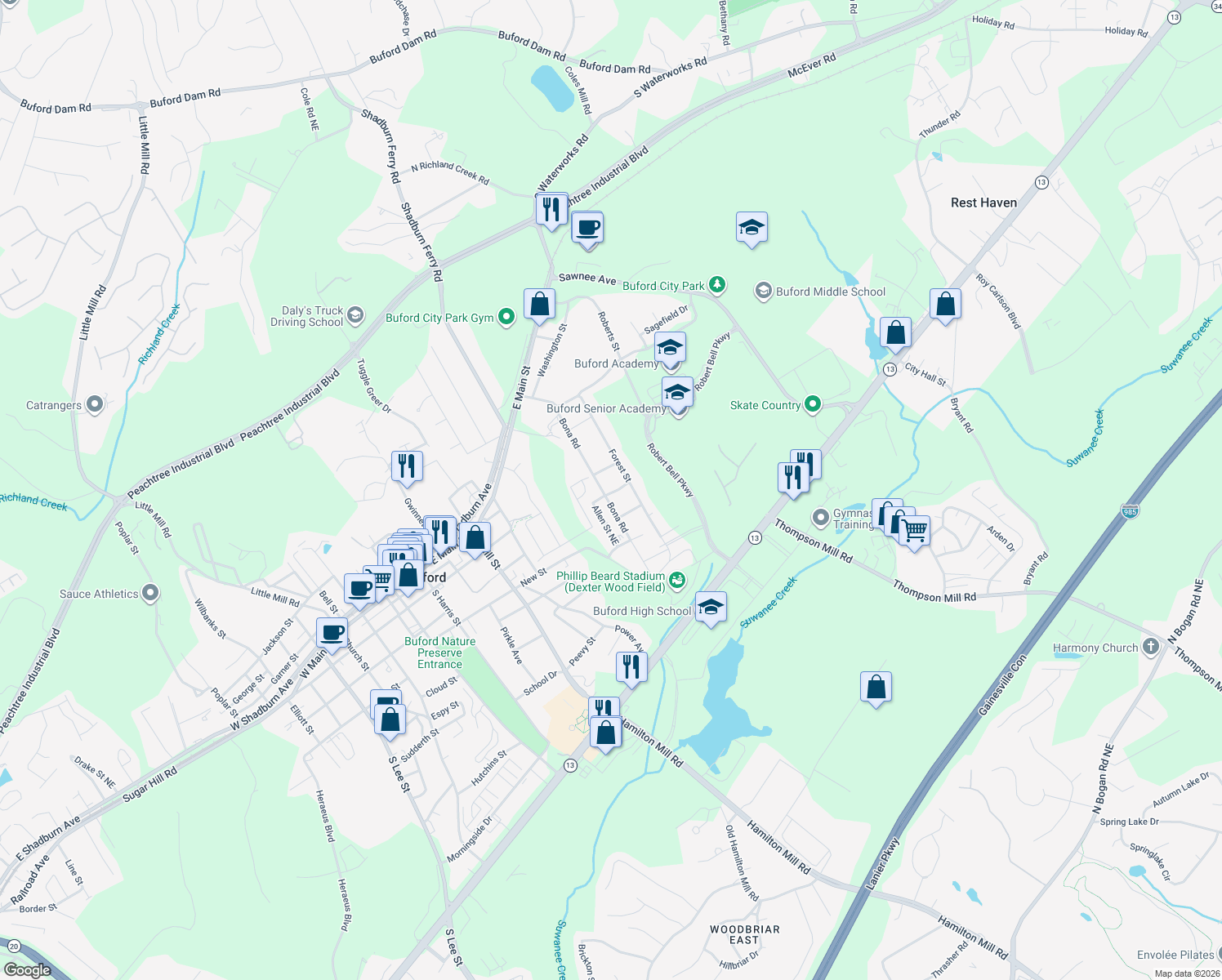 map of restaurants, bars, coffee shops, grocery stores, and more near 496 Bona Rd in Buford