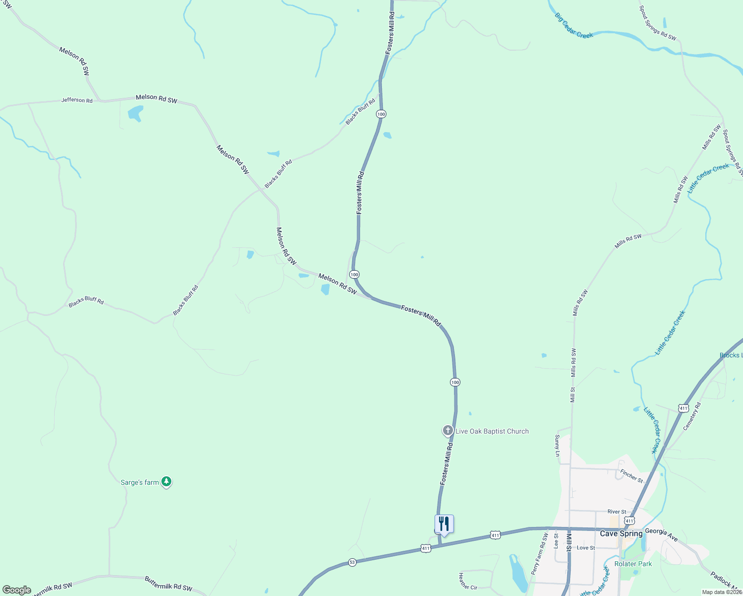 map of restaurants, bars, coffee shops, grocery stores, and more near 5053 Fosters Mill Road in Cave Spring