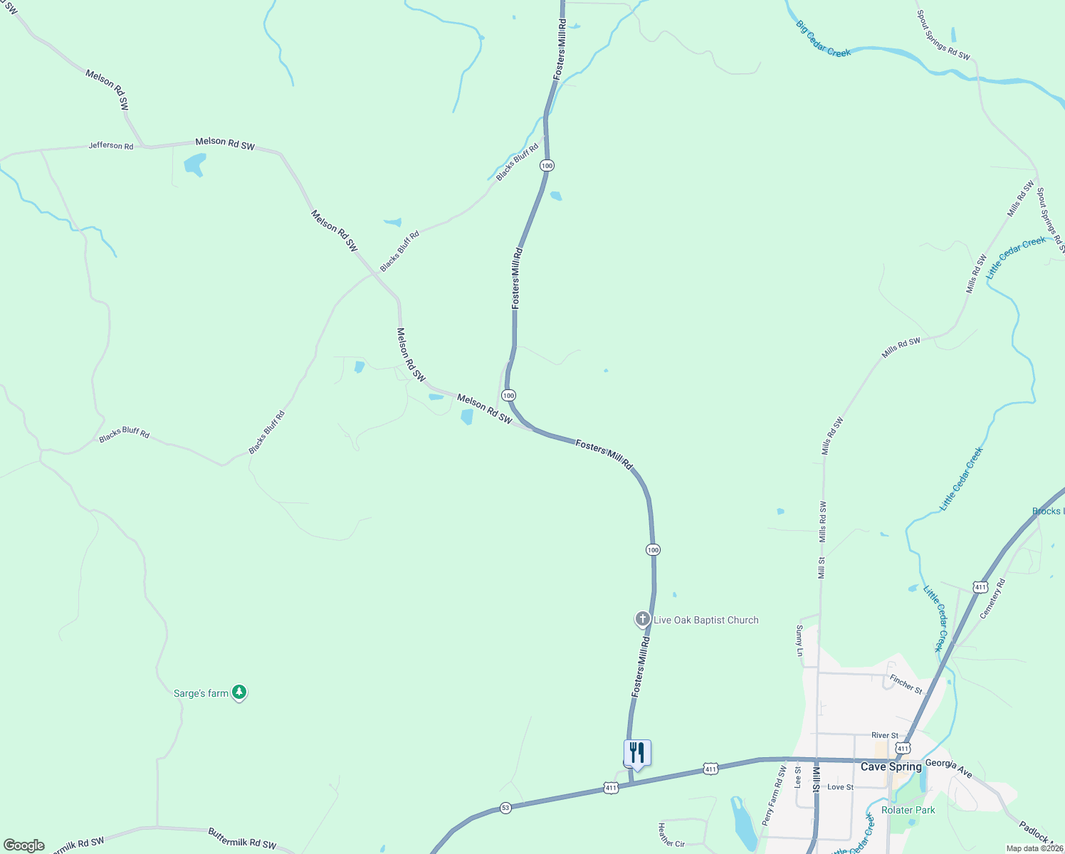 map of restaurants, bars, coffee shops, grocery stores, and more near 5053 Fosters Mill Road in Cave Spring