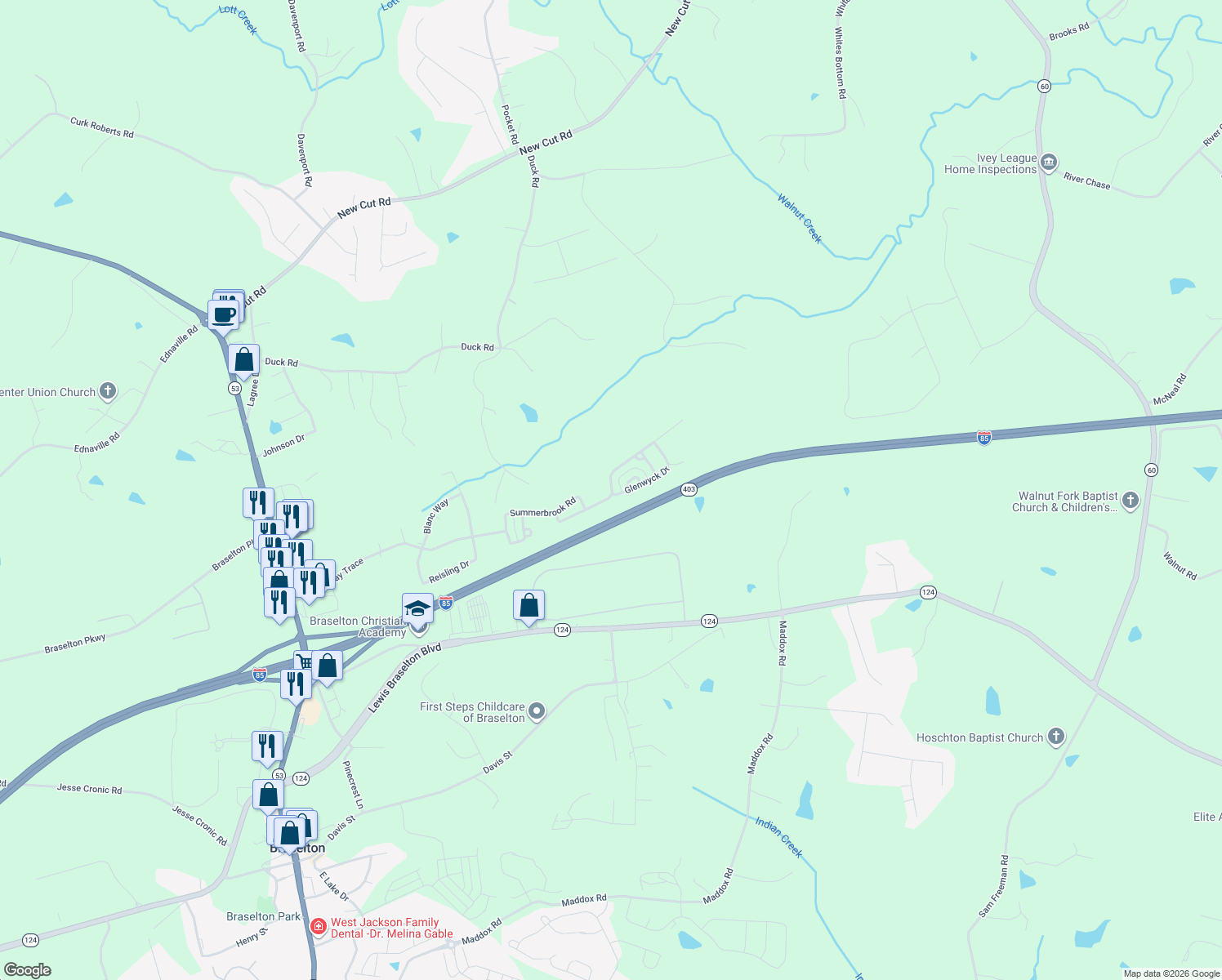 map of restaurants, bars, coffee shops, grocery stores, and more near 640 Walnut Woods Drive in Braselton