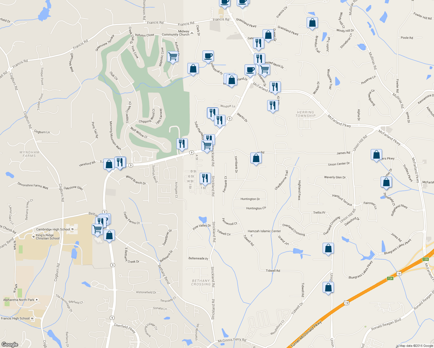 map of restaurants, bars, coffee shops, grocery stores, and more near 265 Strickland Road in Alpharetta
