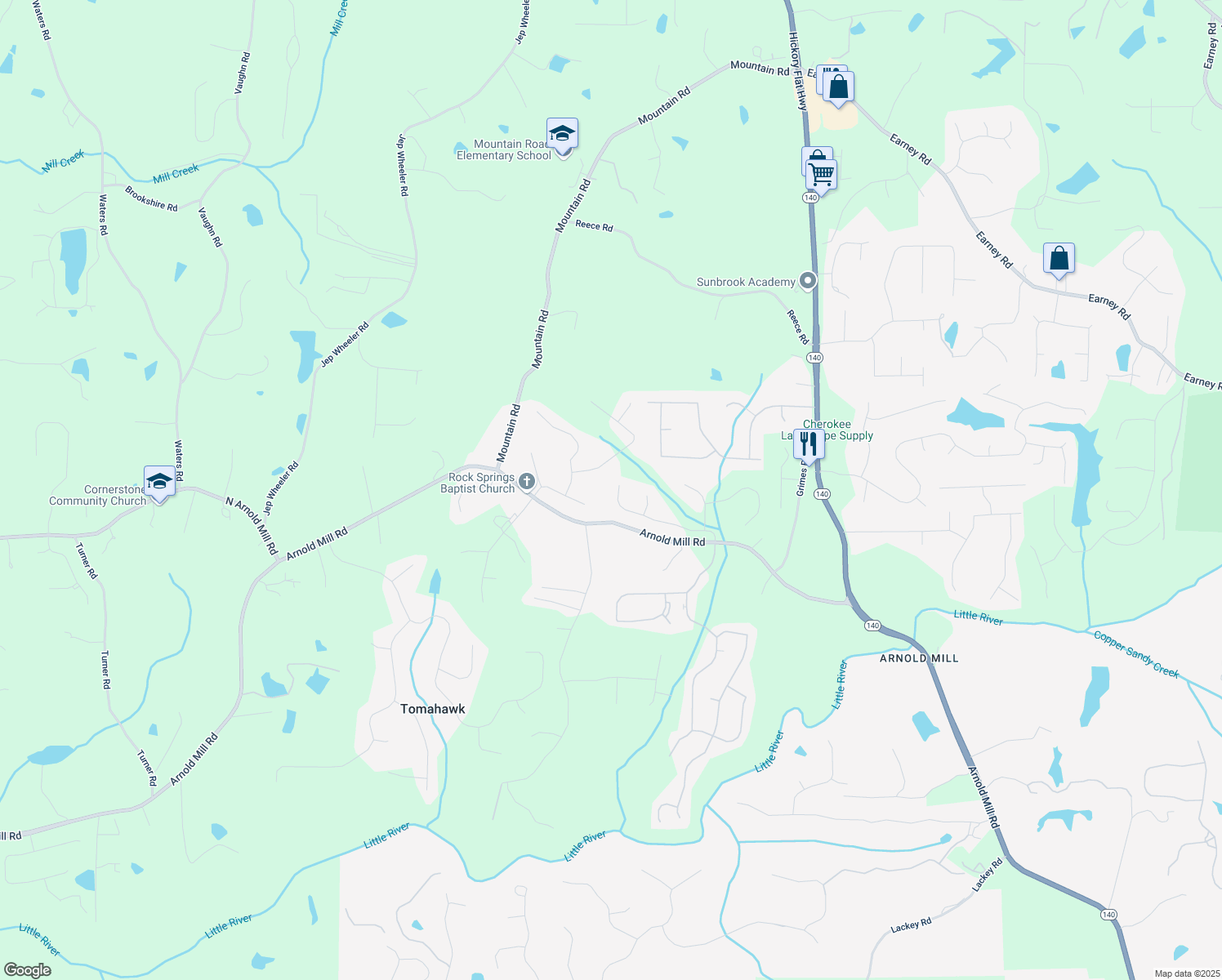 map of restaurants, bars, coffee shops, grocery stores, and more near 204 River Laurel Way in Woodstock