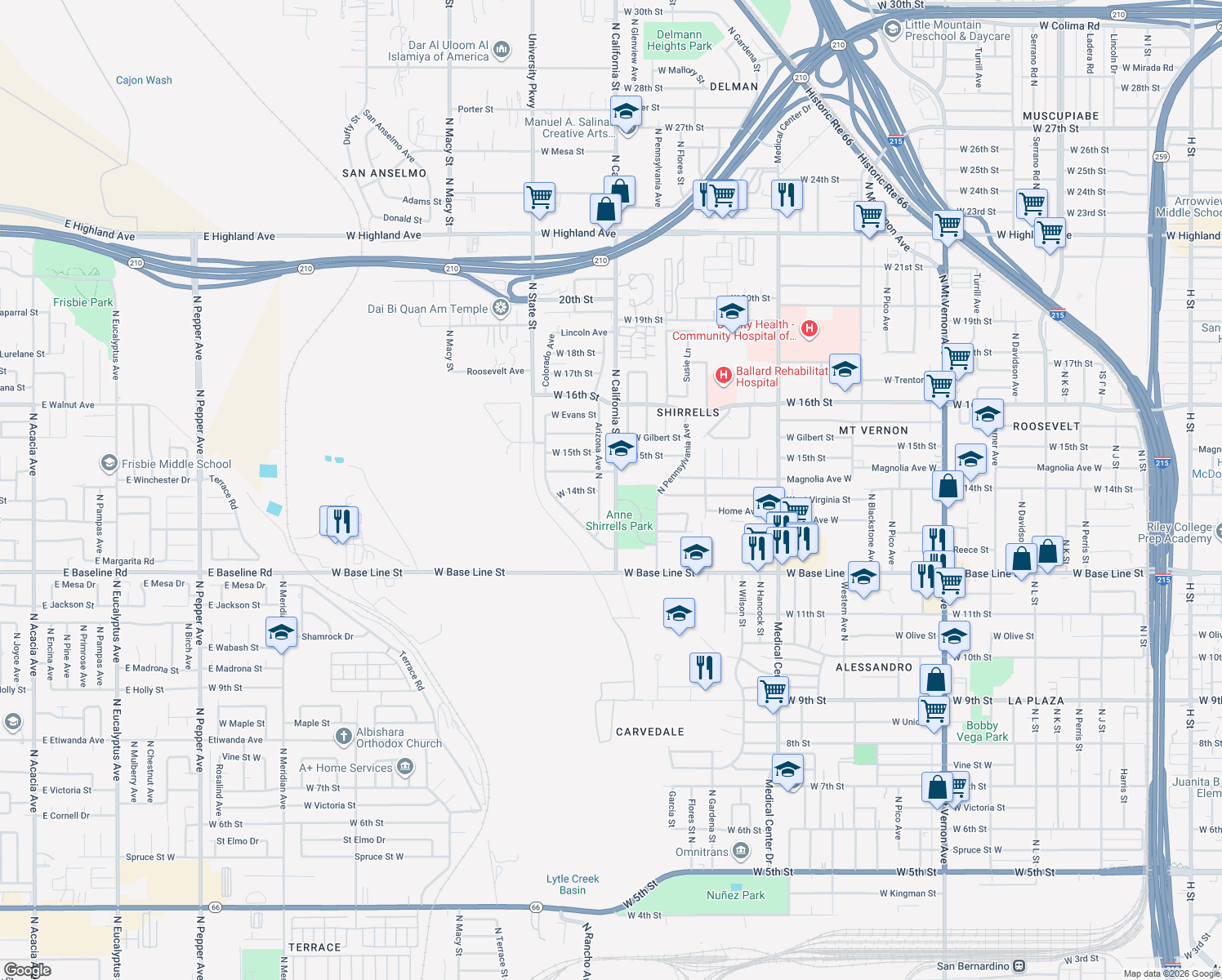 map of restaurants, bars, coffee shops, grocery stores, and more near 1404 North California Street in San Bernardino