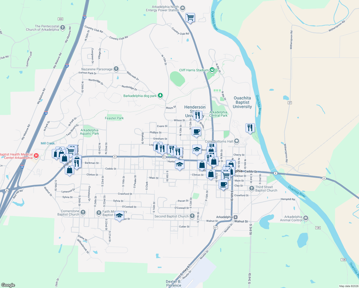 map of restaurants, bars, coffee shops, grocery stores, and more near 1310 Logan St in Arkadelphia