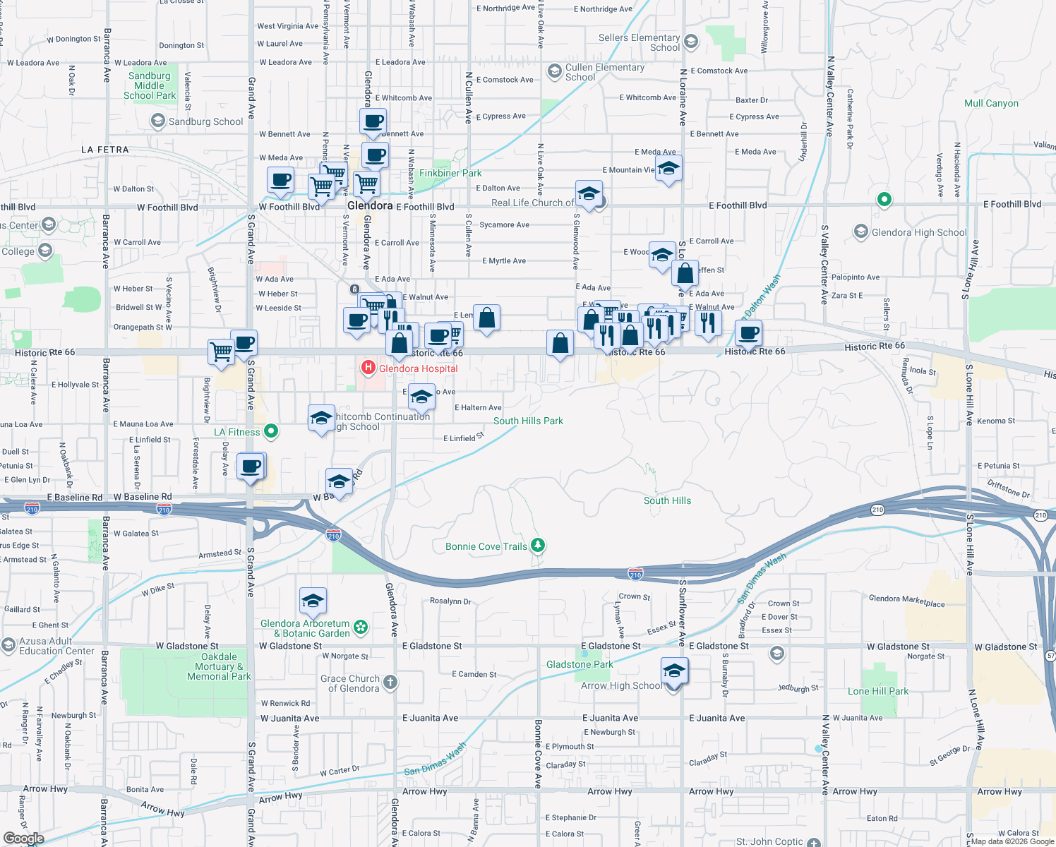 map of restaurants, bars, coffee shops, grocery stores, and more near 701 E Mauna Loa Ave in Glendora