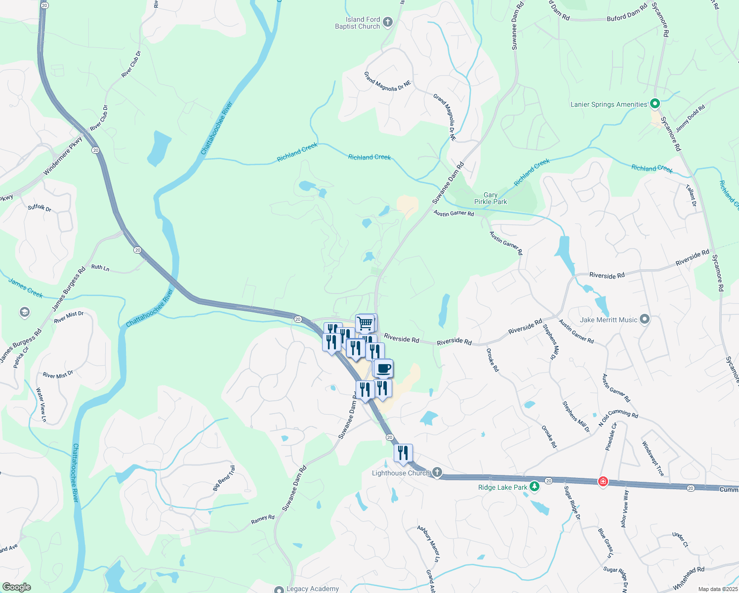 map of restaurants, bars, coffee shops, grocery stores, and more near 5989 Turfway Park Court in Sugar Hill