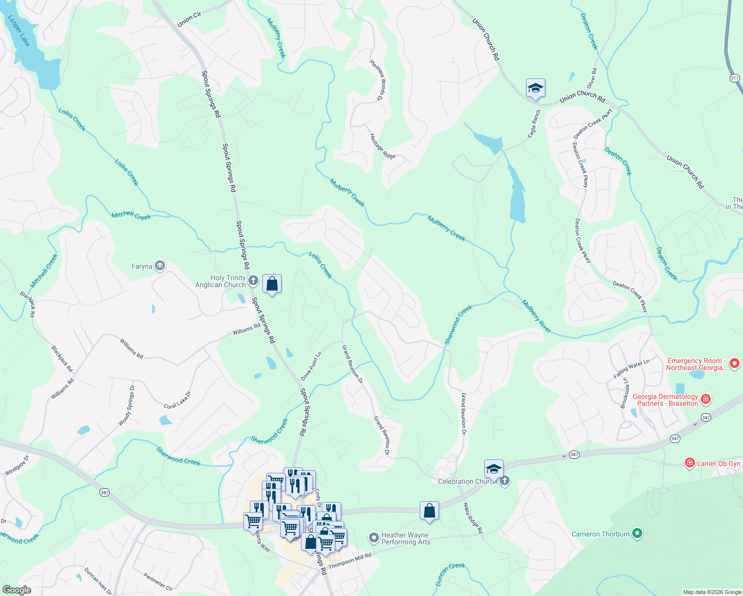 map of restaurants, bars, coffee shops, grocery stores, and more near 6450 Park Bench Pl in Hoschton