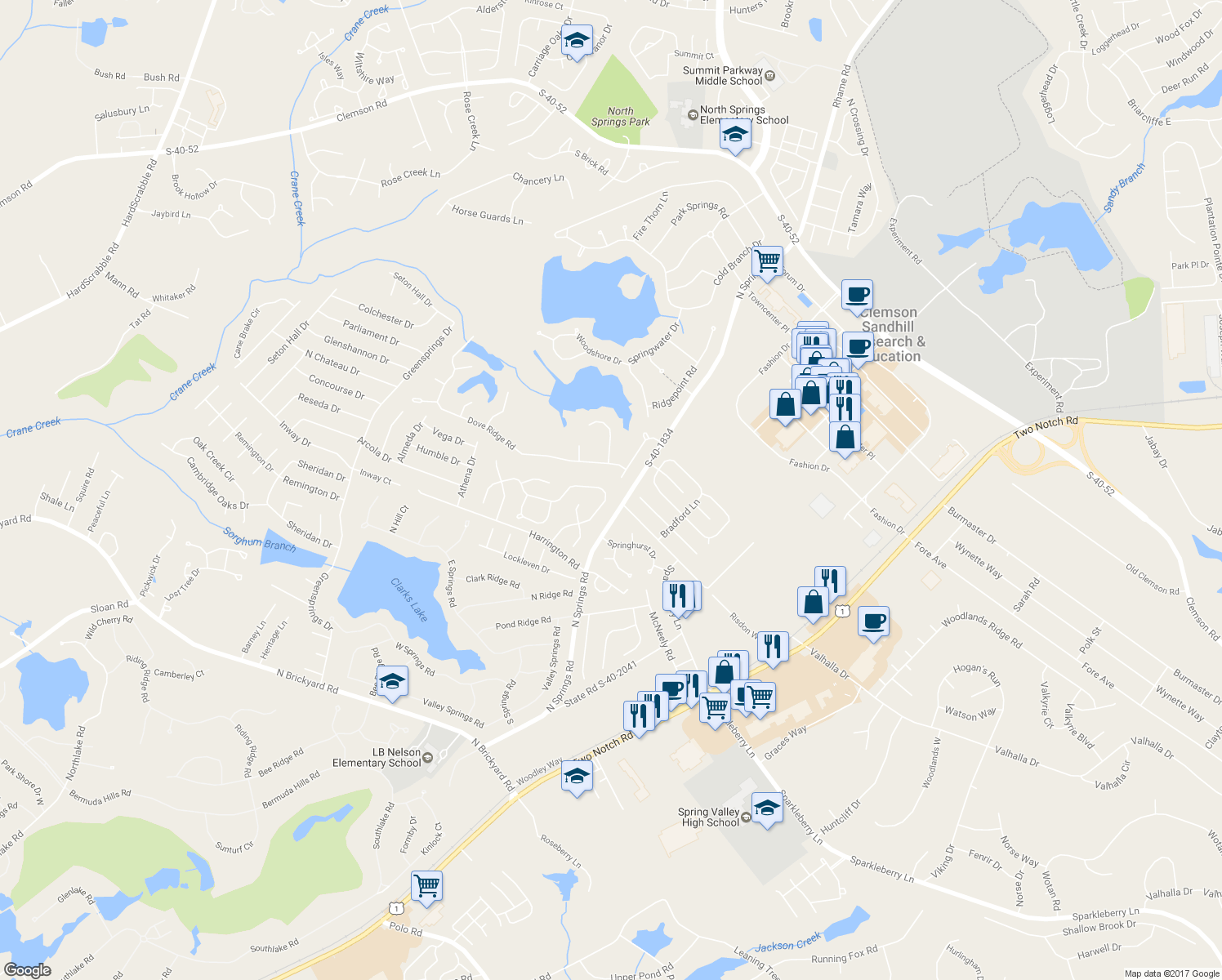 map of restaurants, bars, coffee shops, grocery stores, and more near 224 Dove Park Road in Columbia