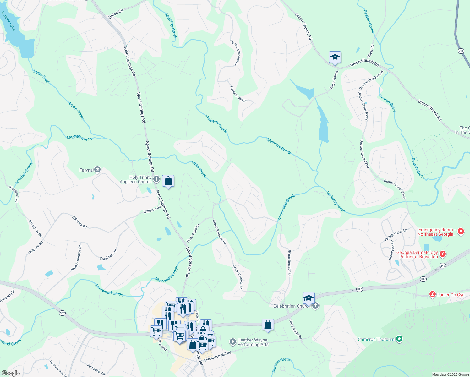 map of restaurants, bars, coffee shops, grocery stores, and more near 6429 Park Bench Place in Hoschton