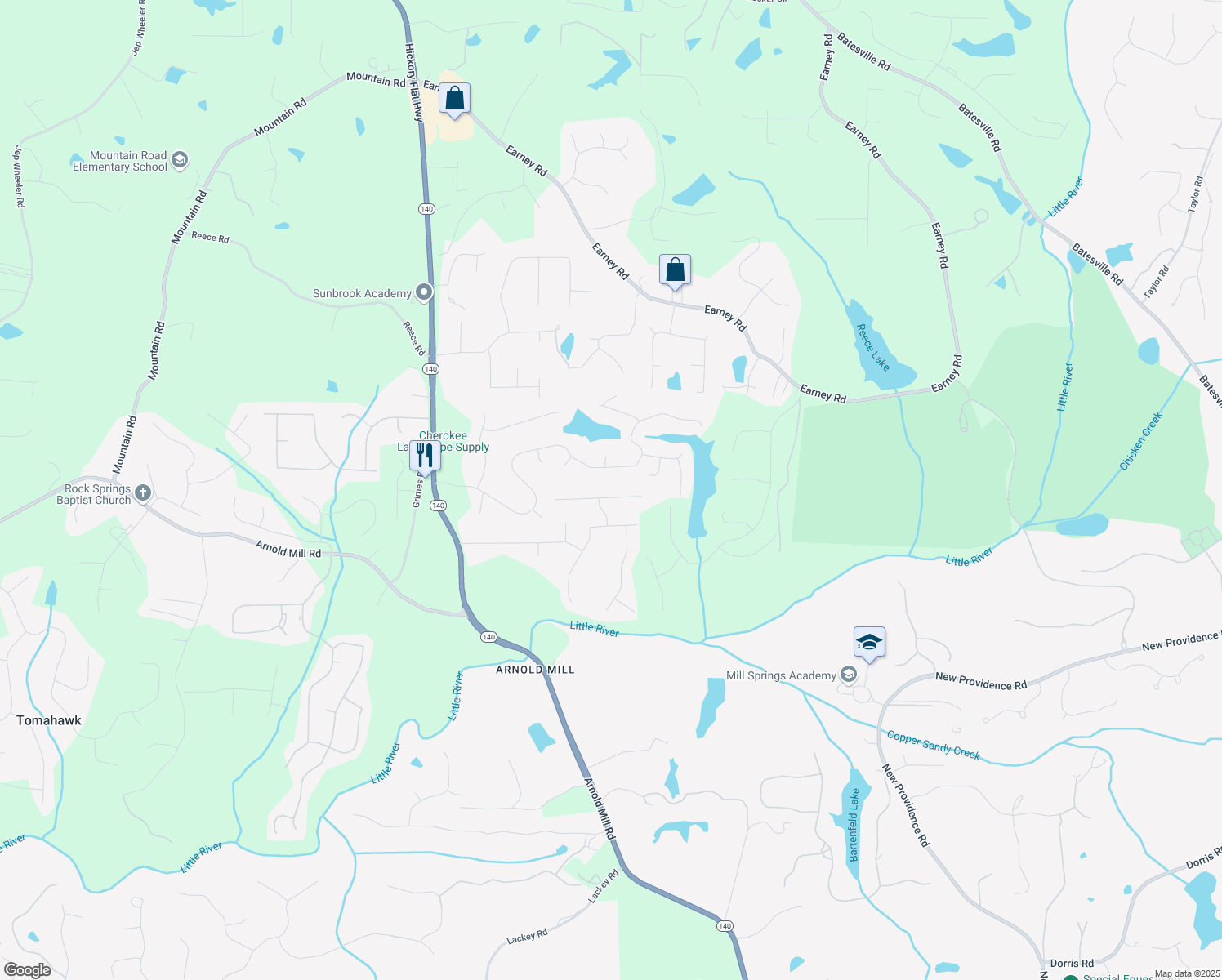 map of restaurants, bars, coffee shops, grocery stores, and more near 724 Jett Road in Woodstock
