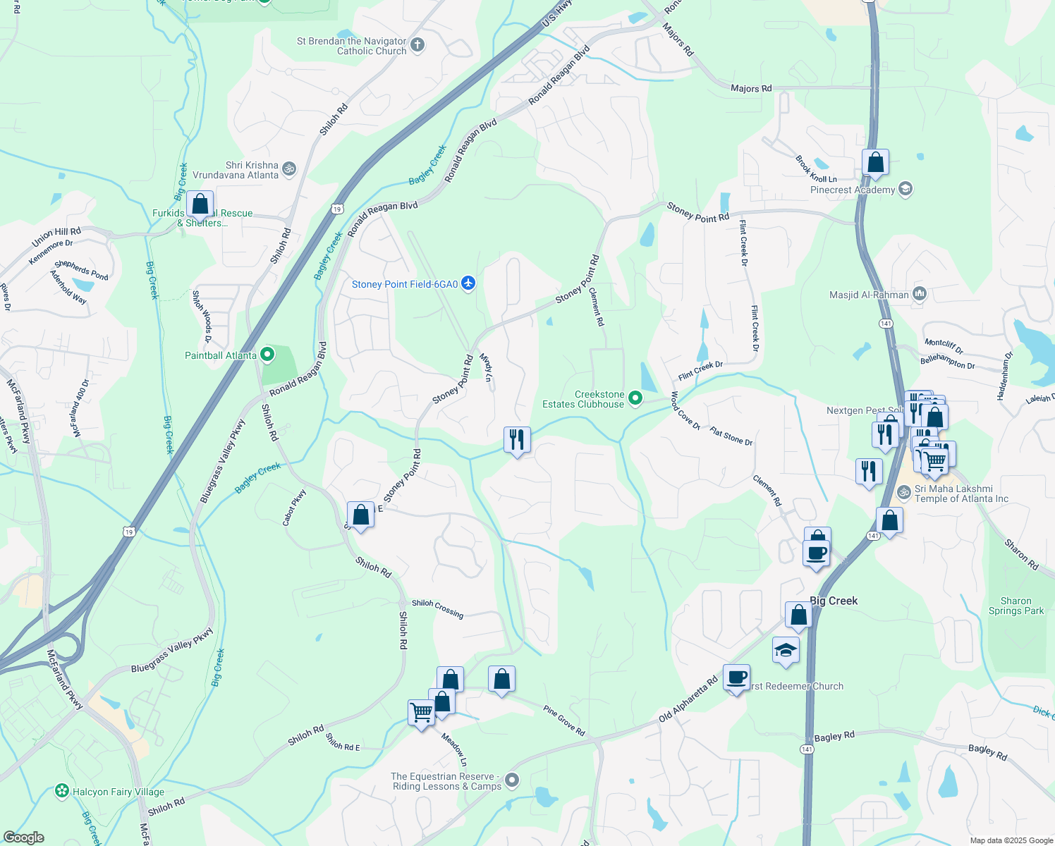 map of restaurants, bars, coffee shops, grocery stores, and more near 2275 Stoney Point Farm Road in Cumming