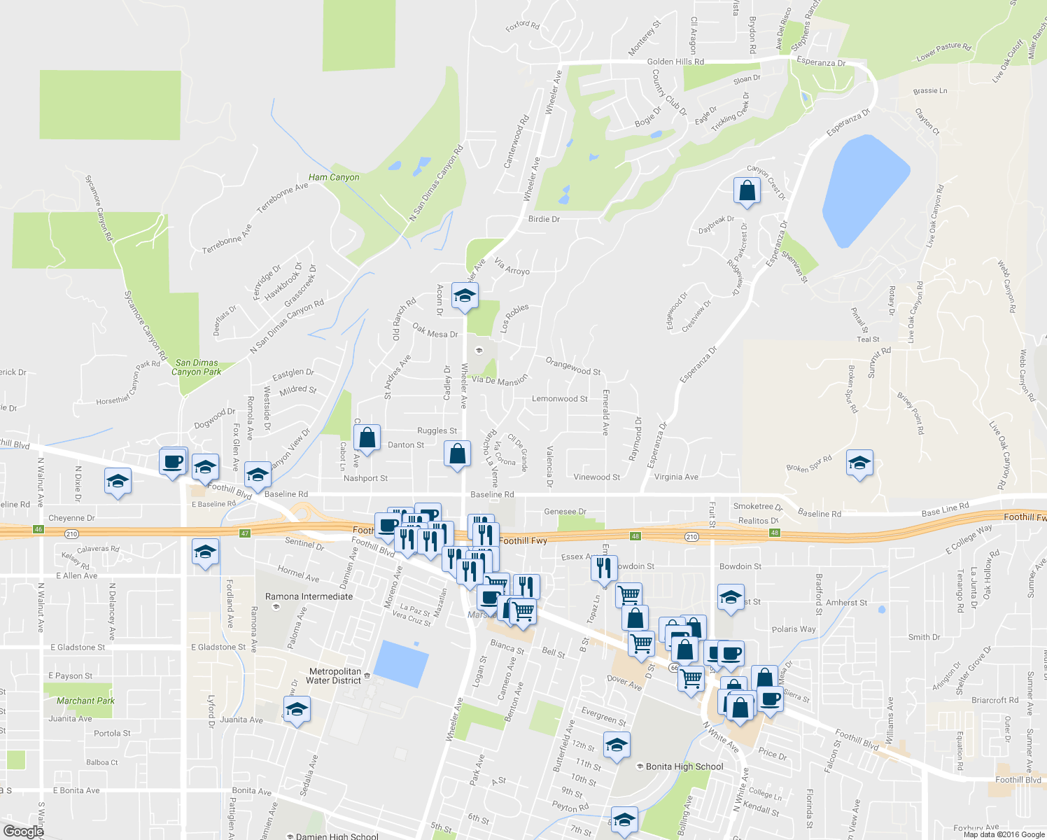 map of restaurants, bars, coffee shops, grocery stores, and more near 4786 Calle Estrada in La Verne