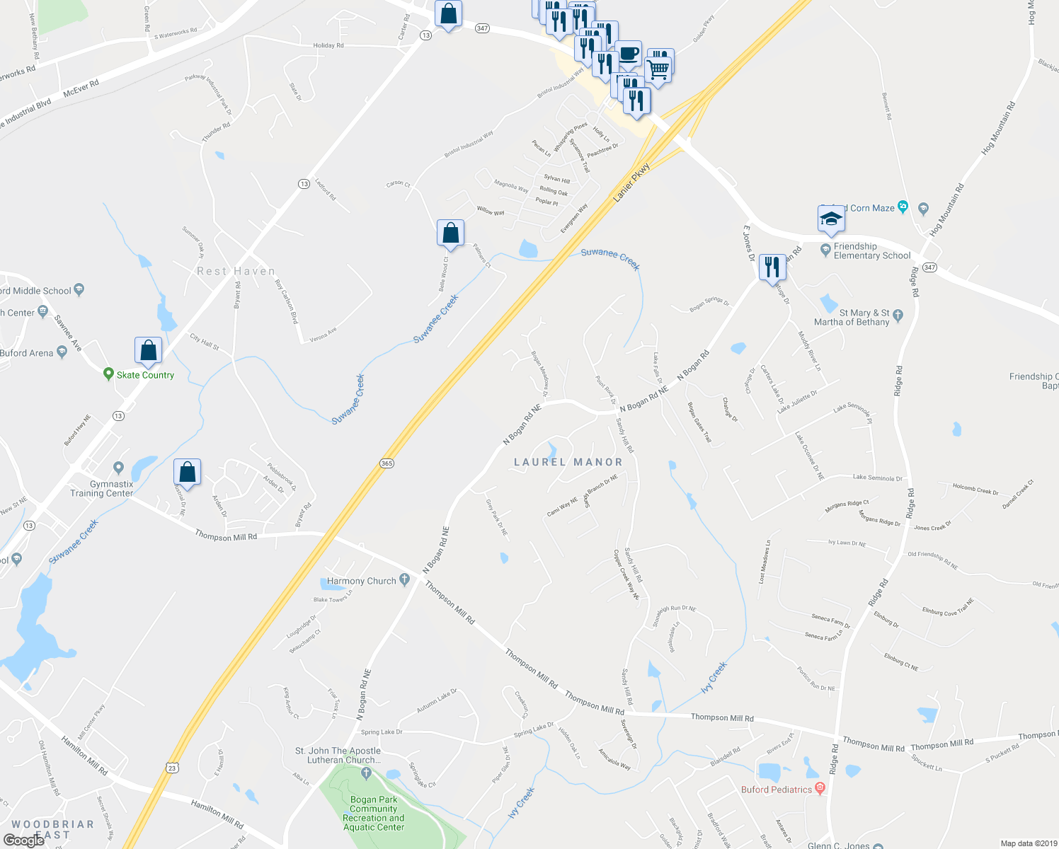 map of restaurants, bars, coffee shops, grocery stores, and more near 3293 North Bogan Road Northeast in Buford