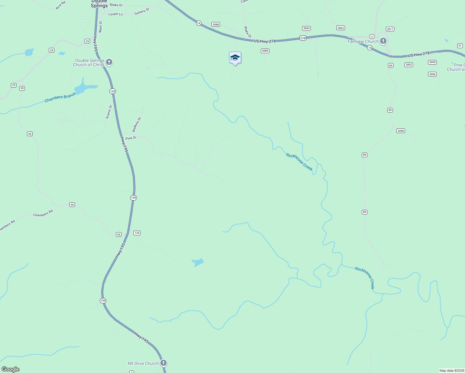 map of restaurants, bars, coffee shops, grocery stores, and more near 987 Pine Drive in Double Springs