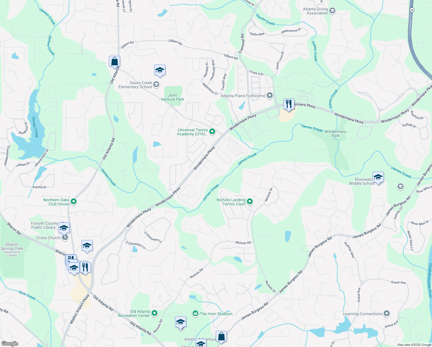 map of restaurants, bars, coffee shops, grocery stores, and more near 4325 Hastings Dr in Cumming