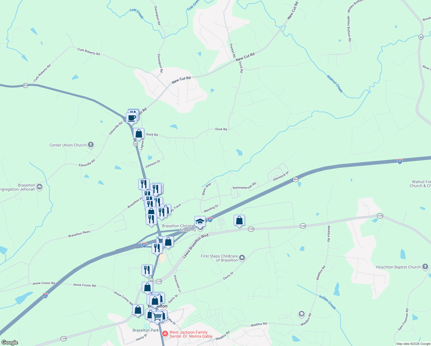 map of restaurants, bars, coffee shops, grocery stores, and more near 562 Reisling Dr in Braselton