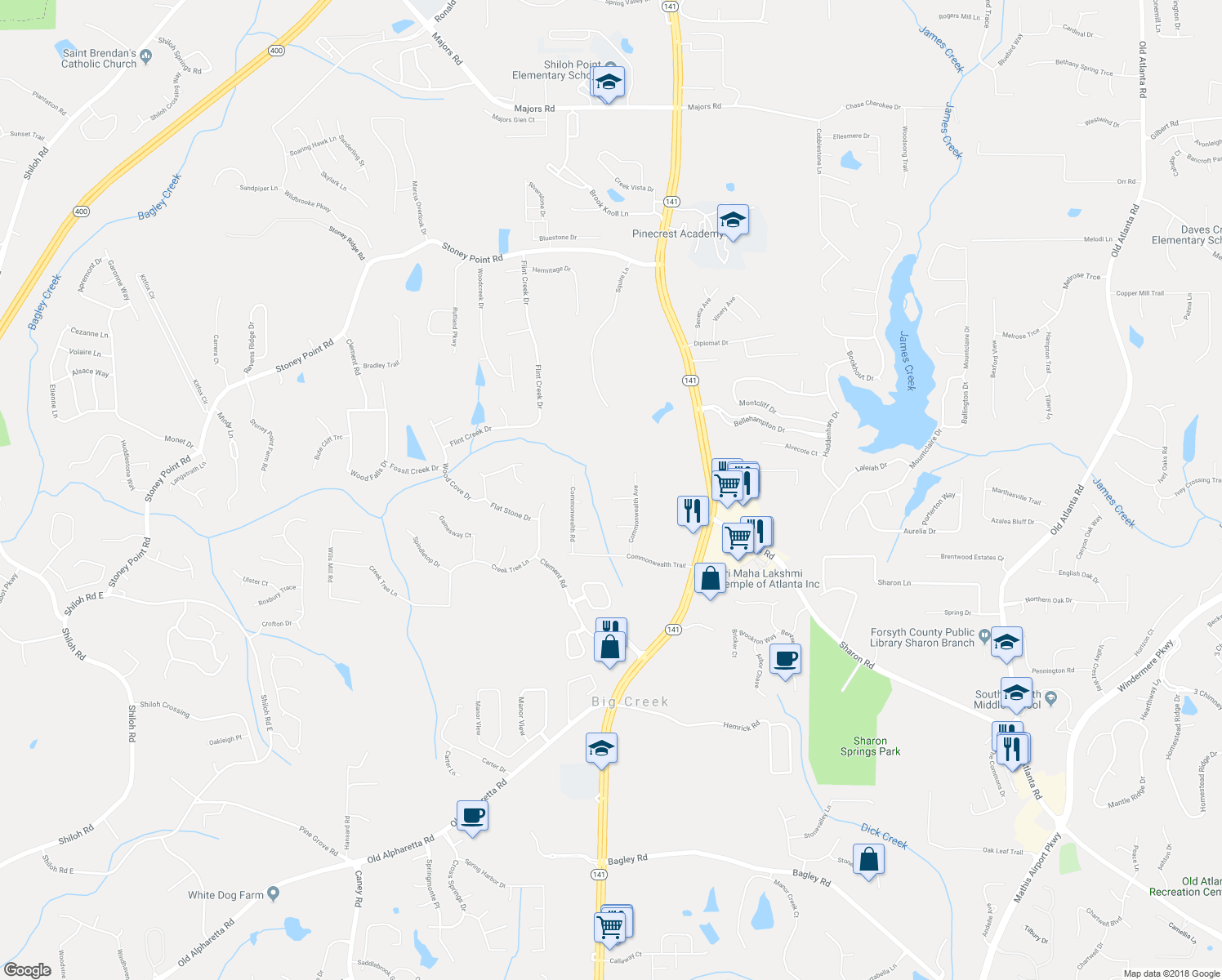 map of restaurants, bars, coffee shops, grocery stores, and more near 1930 Commonwealth Court in Cumming