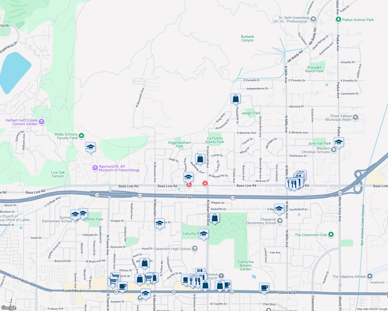map of restaurants, bars, coffee shops, grocery stores, and more near 545 Redlands Avenue in Claremont
