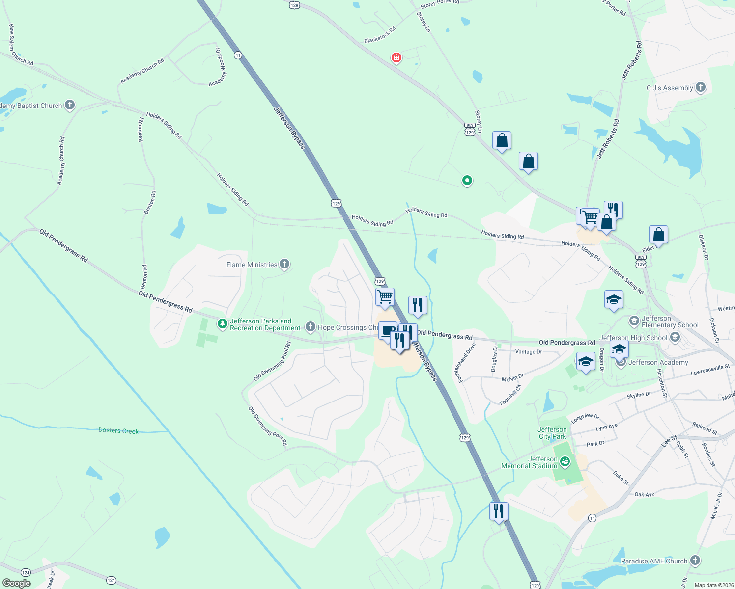 map of restaurants, bars, coffee shops, grocery stores, and more near 229 Red Bud Road in Jefferson
