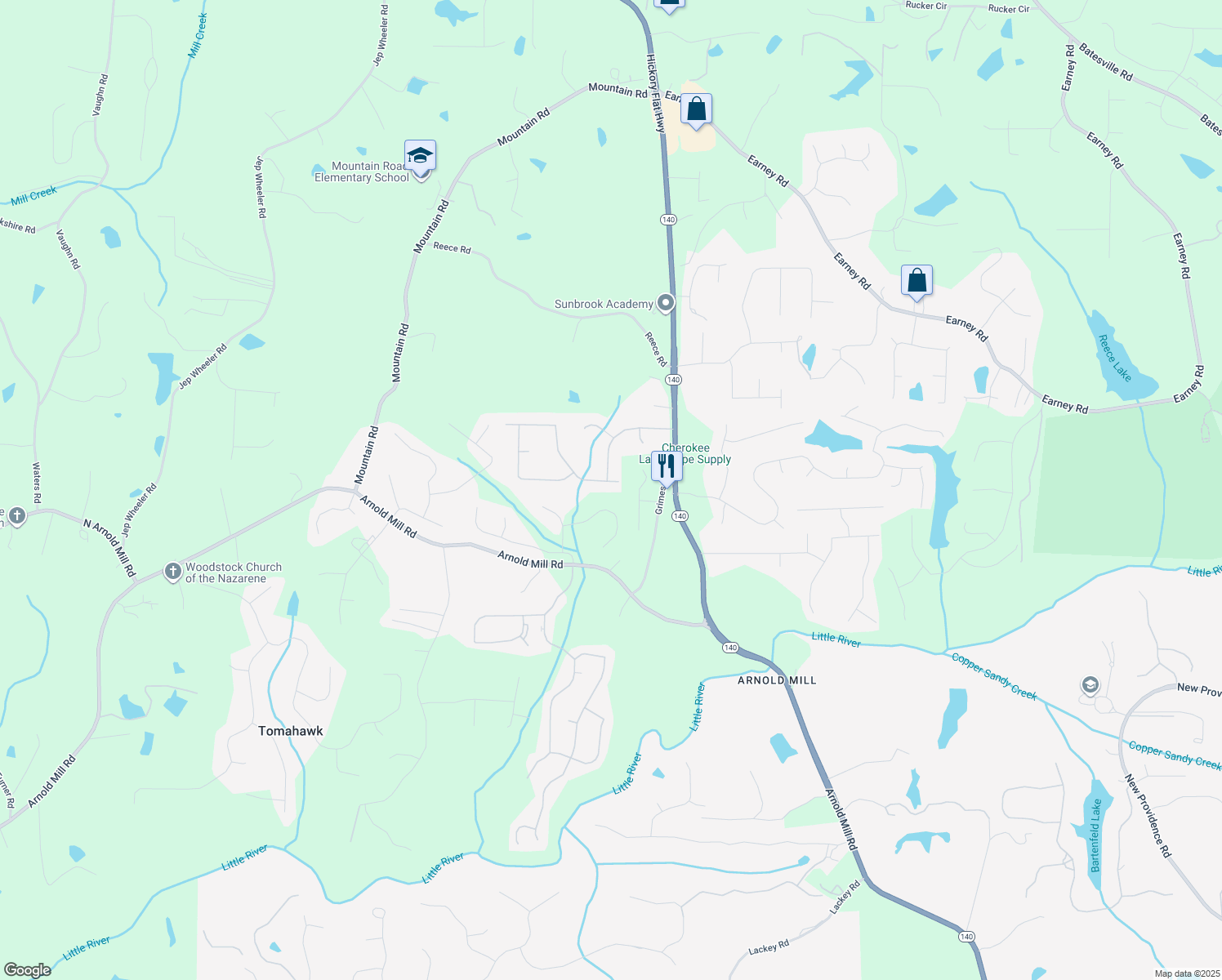 map of restaurants, bars, coffee shops, grocery stores, and more near 423 Julie Anne Way in Woodstock