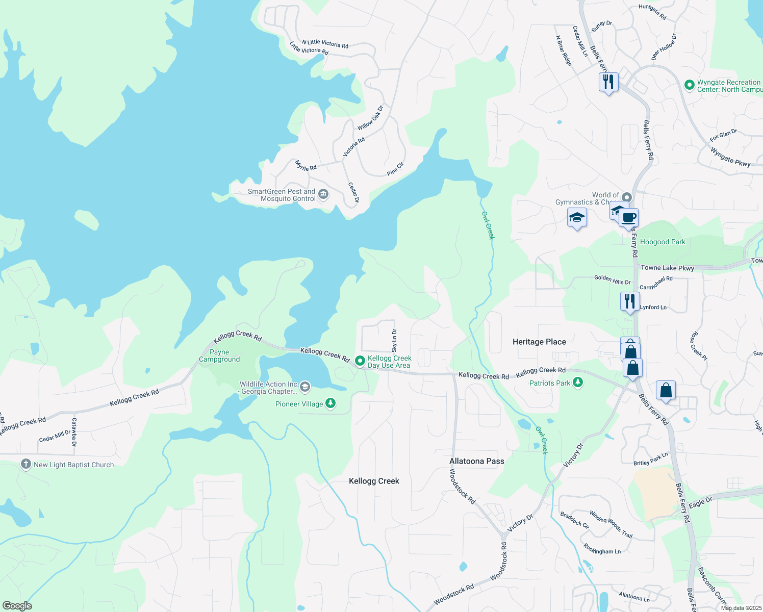 map of restaurants, bars, coffee shops, grocery stores, and more near 6977 McCurley Road in Acworth