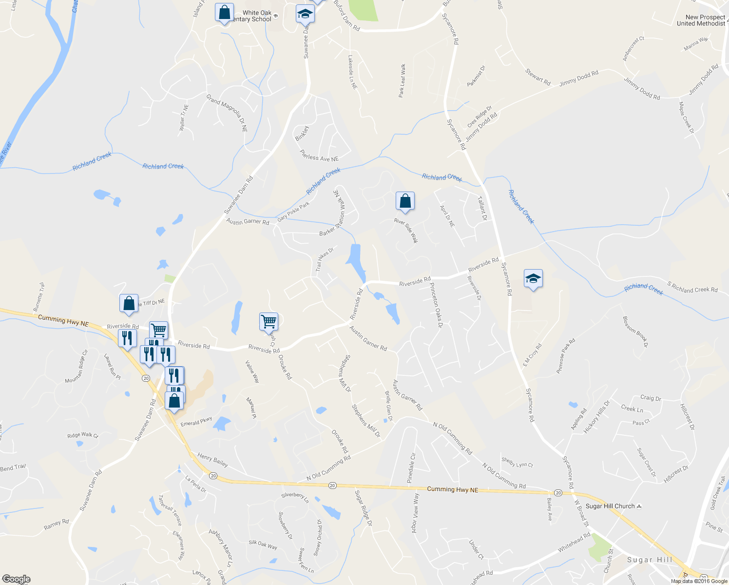 map of restaurants, bars, coffee shops, grocery stores, and more near 945 Riverside Rd in Sugar Hill