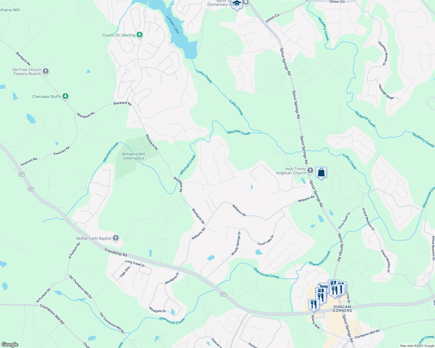 map of restaurants, bars, coffee shops, grocery stores, and more near 6707 Spring Head Drive in Flowery Branch