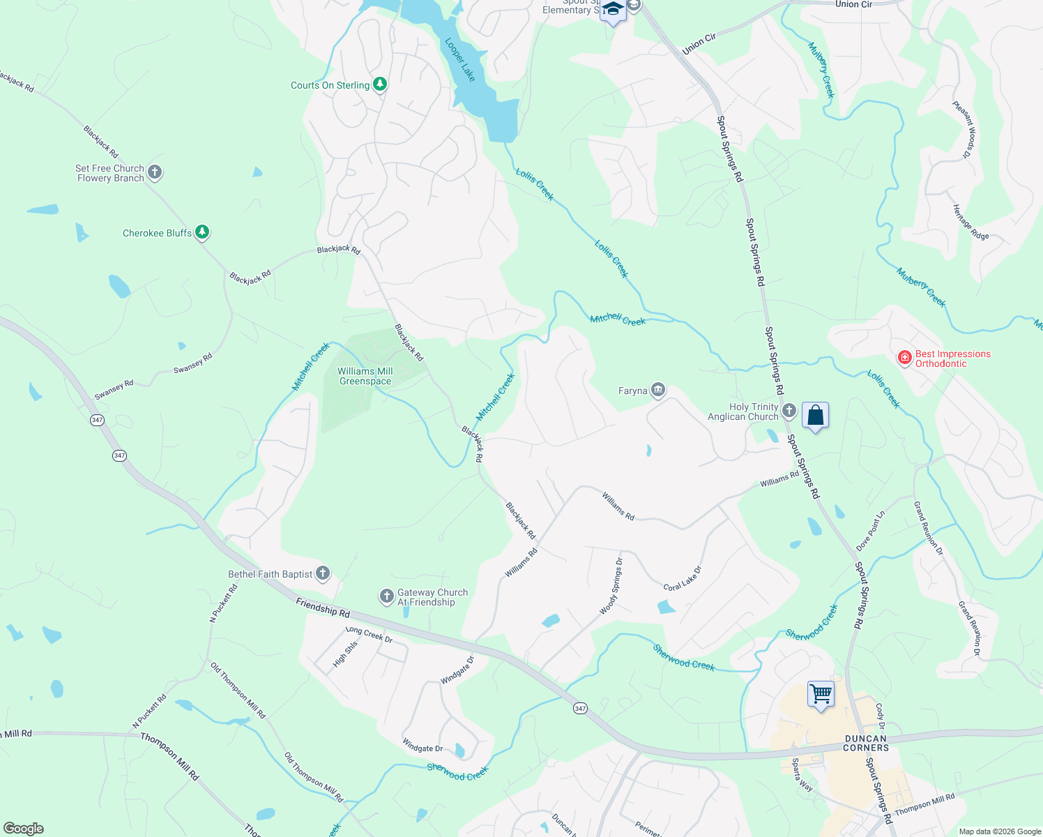 map of restaurants, bars, coffee shops, grocery stores, and more near 6449 River Hill Drive in Flowery Branch