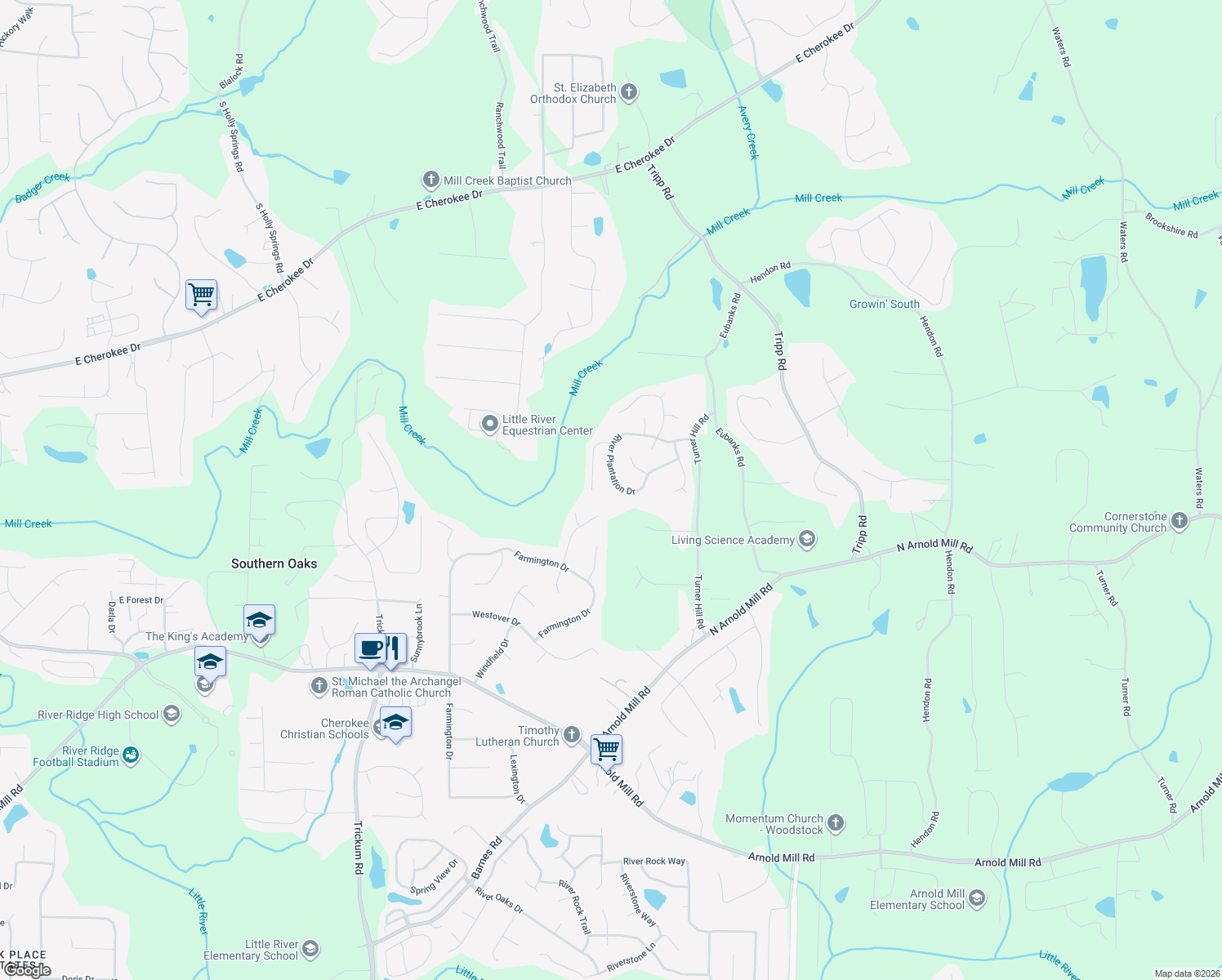 map of restaurants, bars, coffee shops, grocery stores, and more near 1050 River Plantation Drive in Woodstock