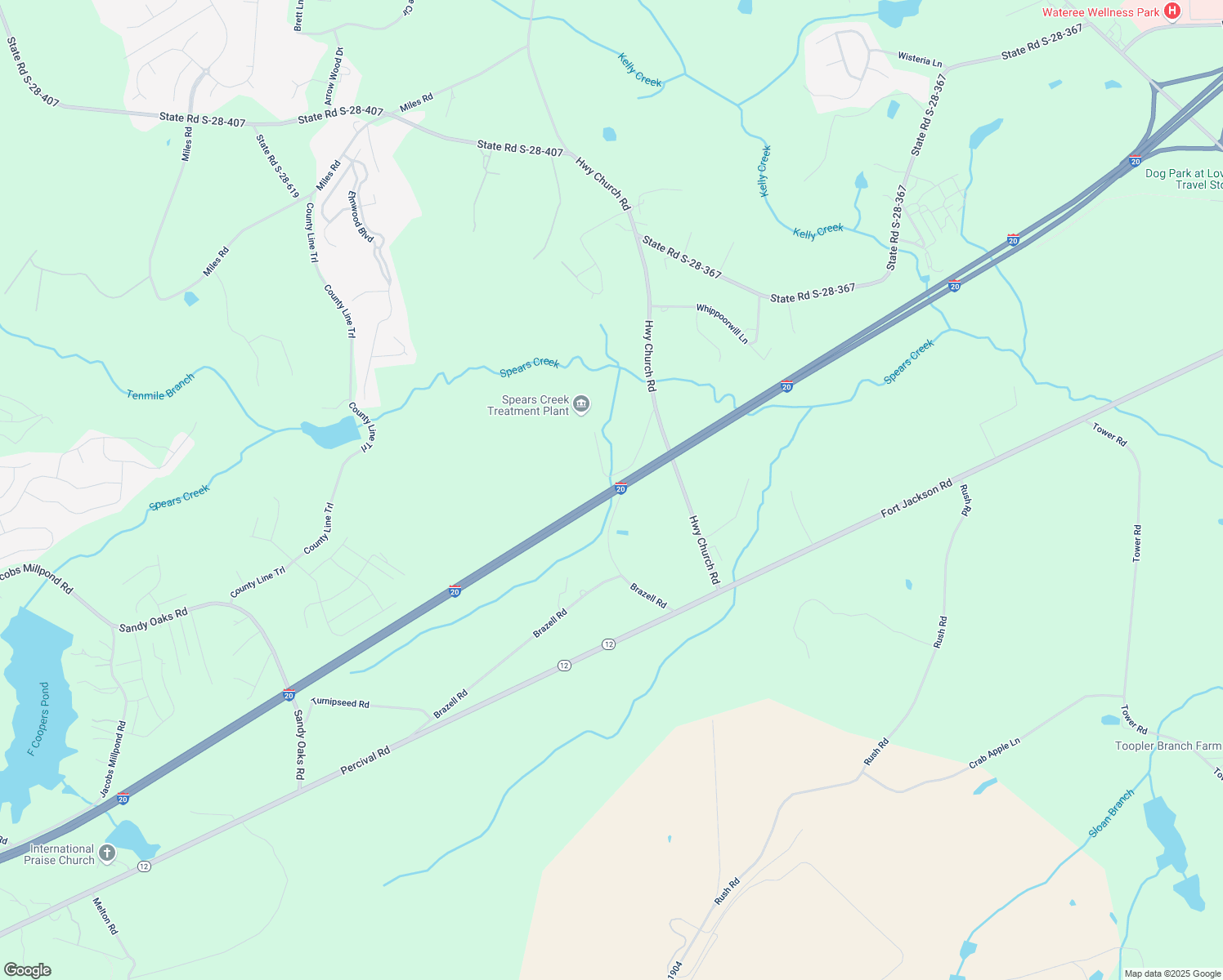 map of restaurants, bars, coffee shops, grocery stores, and more near Interstate 20 in Elgin