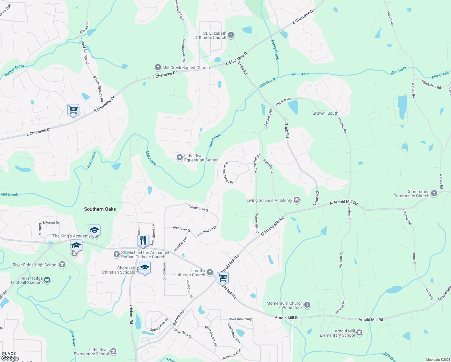 map of restaurants, bars, coffee shops, grocery stores, and more near 1050 River Plantation Drive in Woodstock