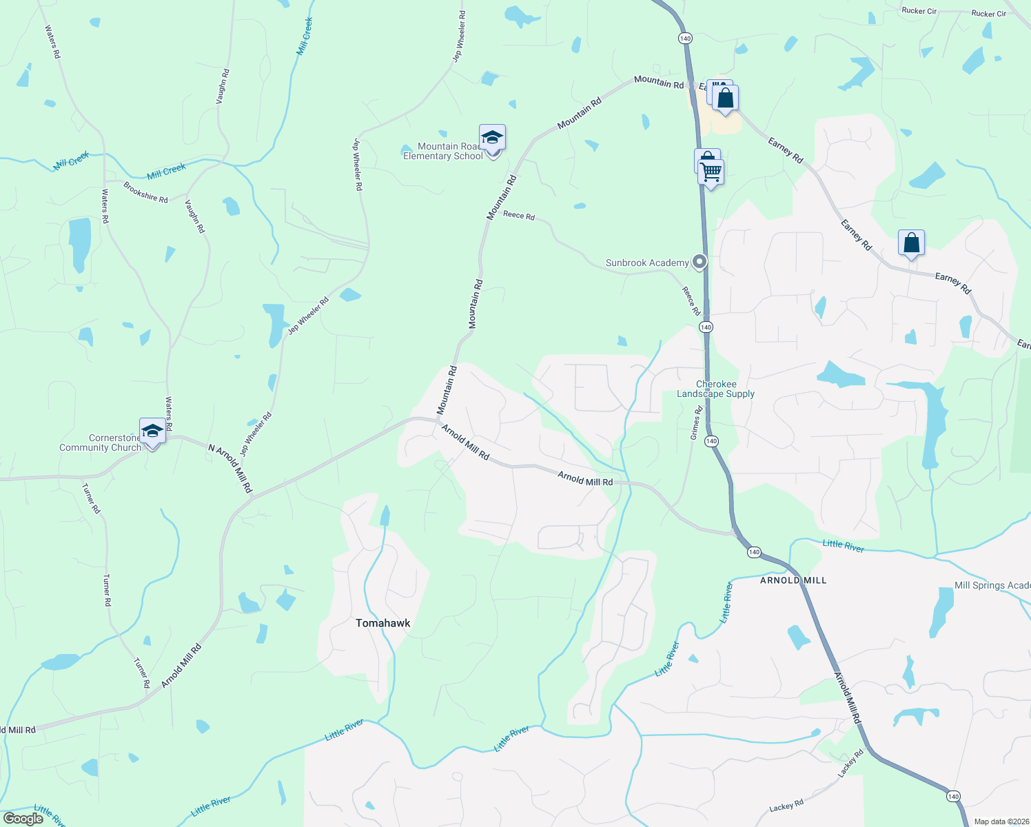 map of restaurants, bars, coffee shops, grocery stores, and more near 605 Stoney Creek Road in Woodstock