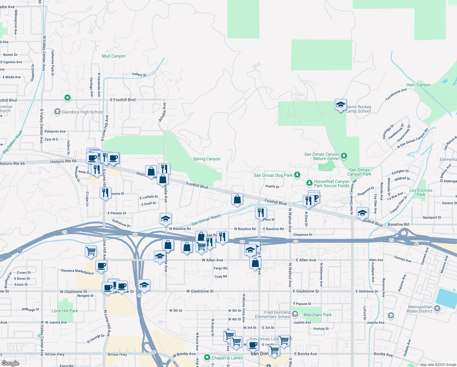 map of restaurants, bars, coffee shops, grocery stores, and more near 1332 N Cataract Ave in San Dimas