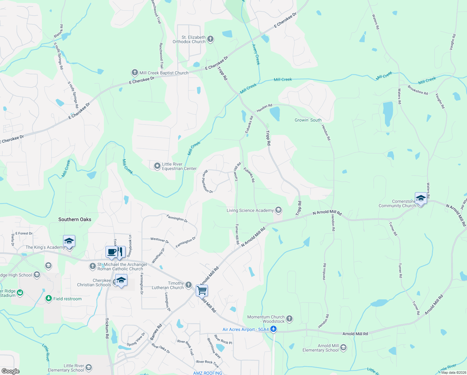 map of restaurants, bars, coffee shops, grocery stores, and more near 6019 Turner Hill Road in Woodstock