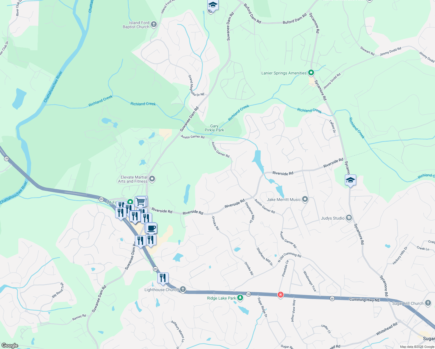 map of restaurants, bars, coffee shops, grocery stores, and more near 788 Austin Creek Drive in Buford