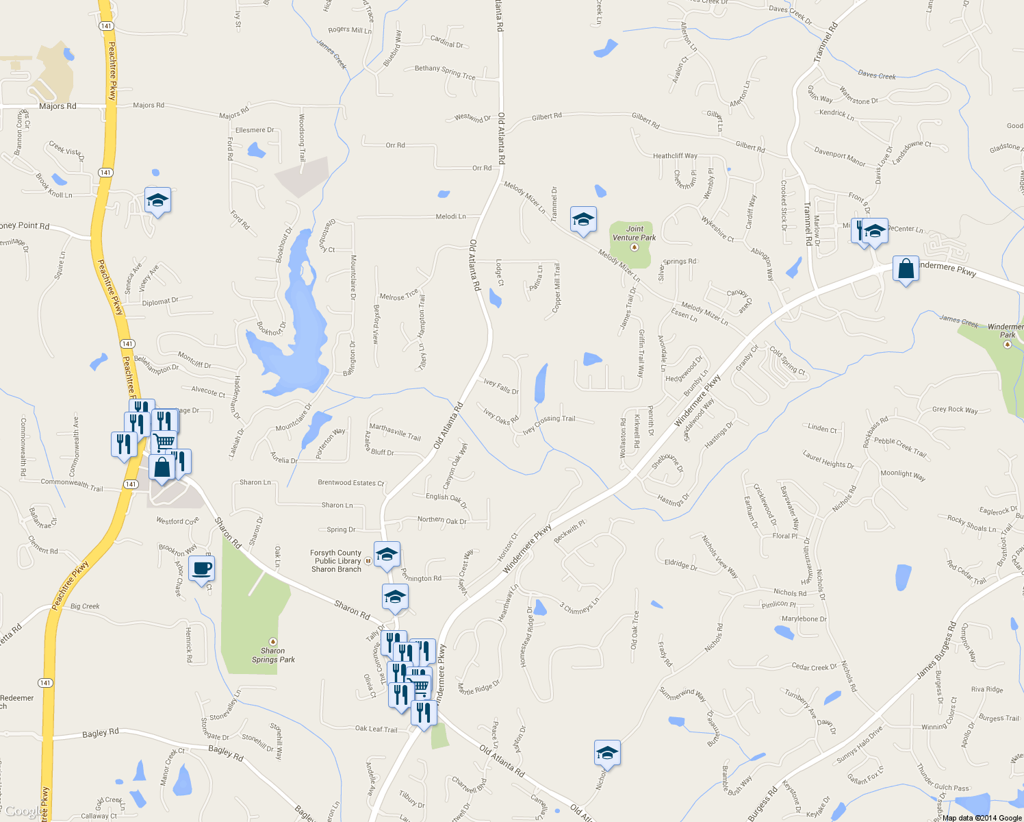 map of restaurants, bars, coffee shops, grocery stores, and more near 2455 Ivey Oaks Road in Cumming