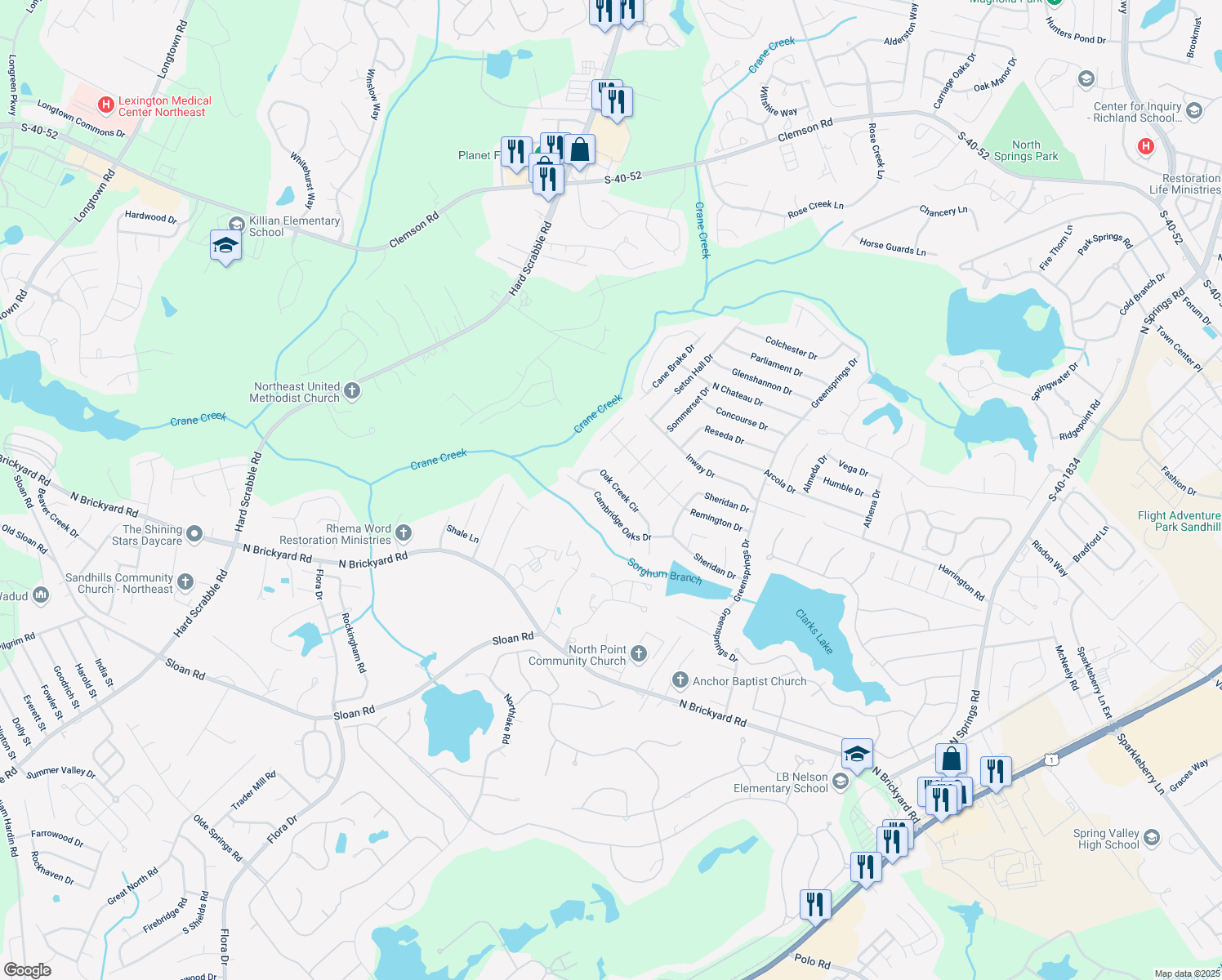 map of restaurants, bars, coffee shops, grocery stores, and more near 307 Oak Creek Circle in Columbia