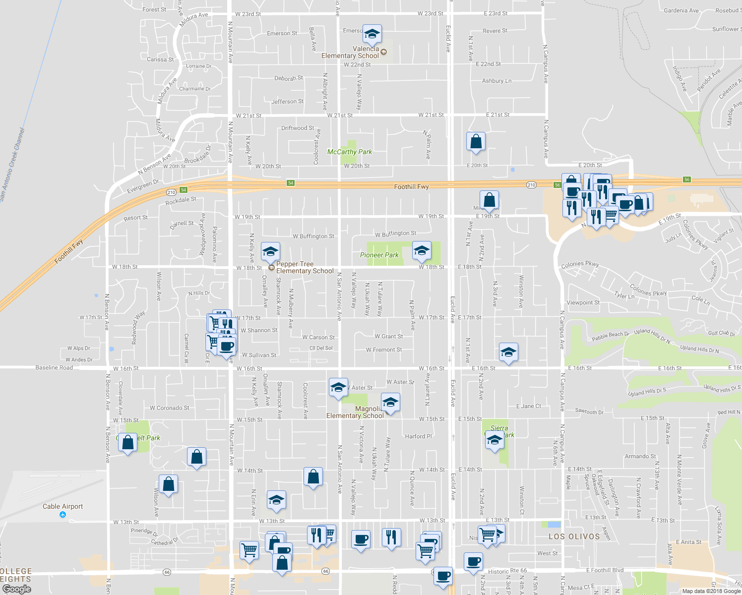 map of restaurants, bars, coffee shops, grocery stores, and more near 1738 North Ukiah Way in Upland